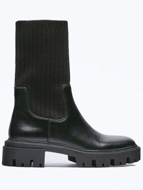 Zara Black Ribbed Chelsea Lug Boot